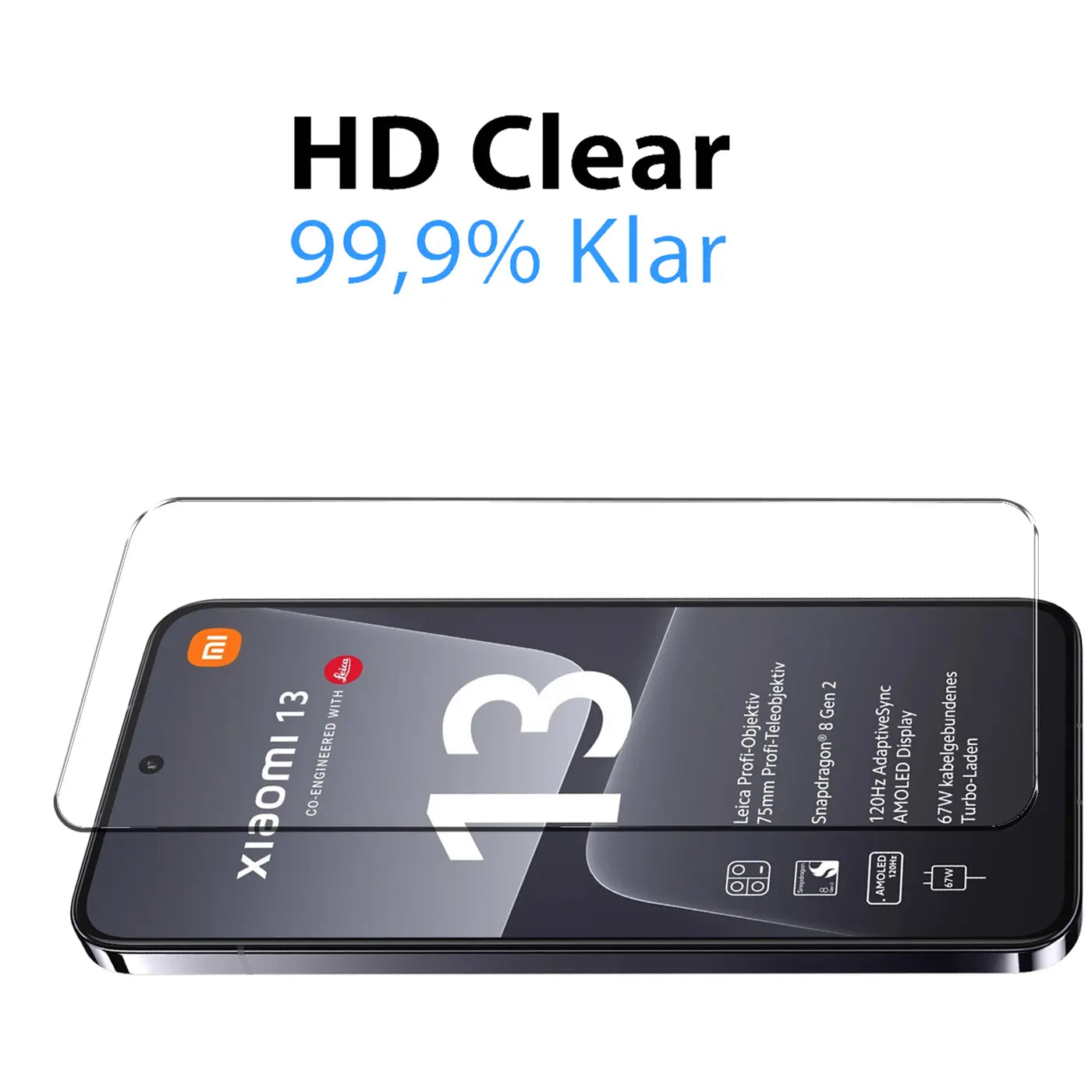 Klares Schutzglas für Xiaomi 13 Smartphone, leicht schräg von oben auf schwarzem Display liegend.
