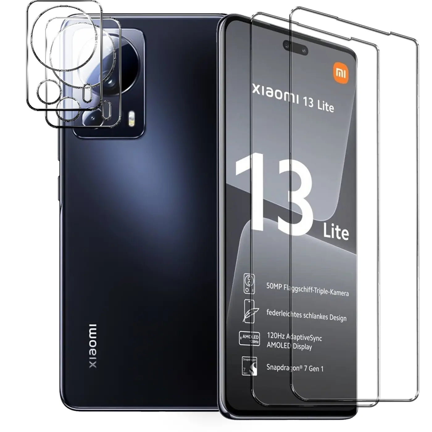 Dunkelblaues Xiaomi 13 Lite Smartphone, Rückseite und Display sichtbar, mit vier transparenten Schutzgläsern.