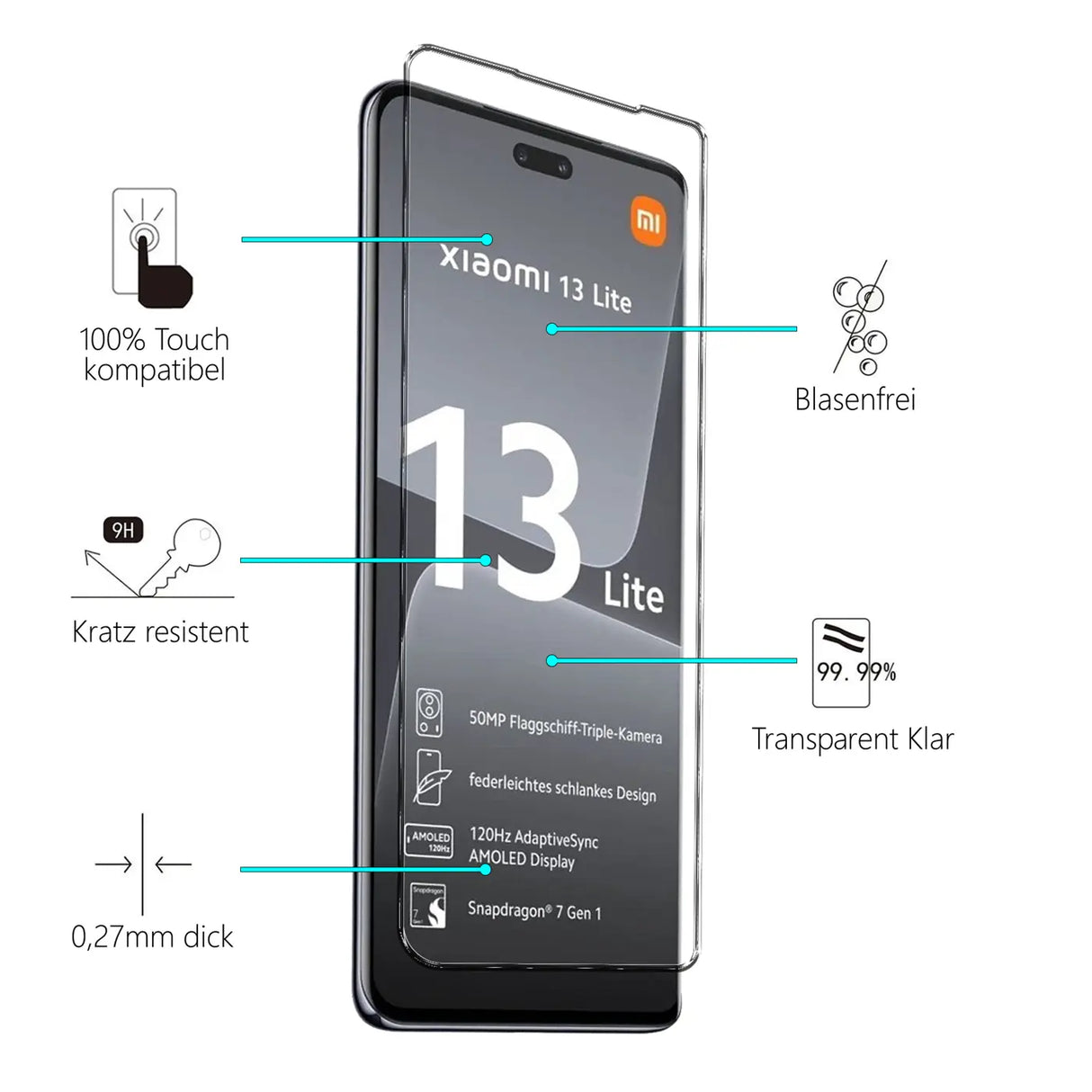 4in1 9H Displayschutz-Set für Xiaomi 13 Lite, 2x Displayglas und 2x Kameraglas