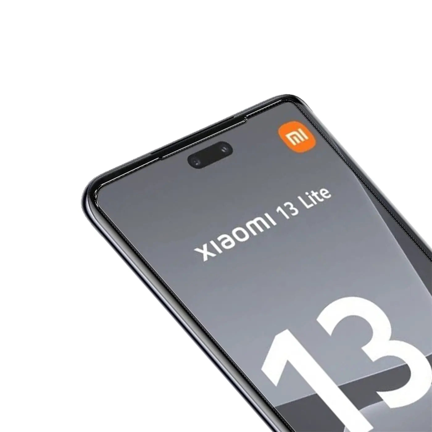 Schutzglas auf Xiaomi 13 Lite Display, schräg von oben. Schwarzer Rahmen, grauer Bildschirm mit "Xiaomi 13 Lite" Schriftzug.