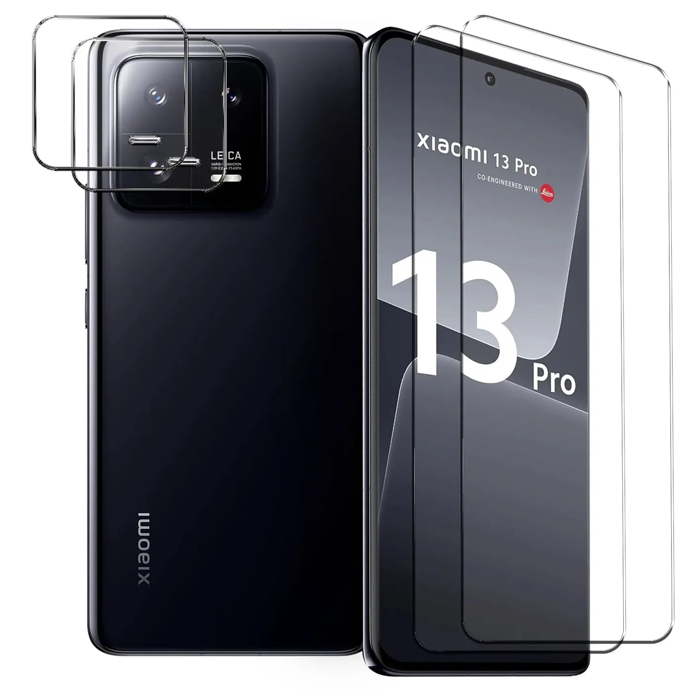 Schutzglas-Set für Xiaomi 13 Pro: 2x Display- und 2x Kameraschutz aus transparentem Glas, schräg von vorne.