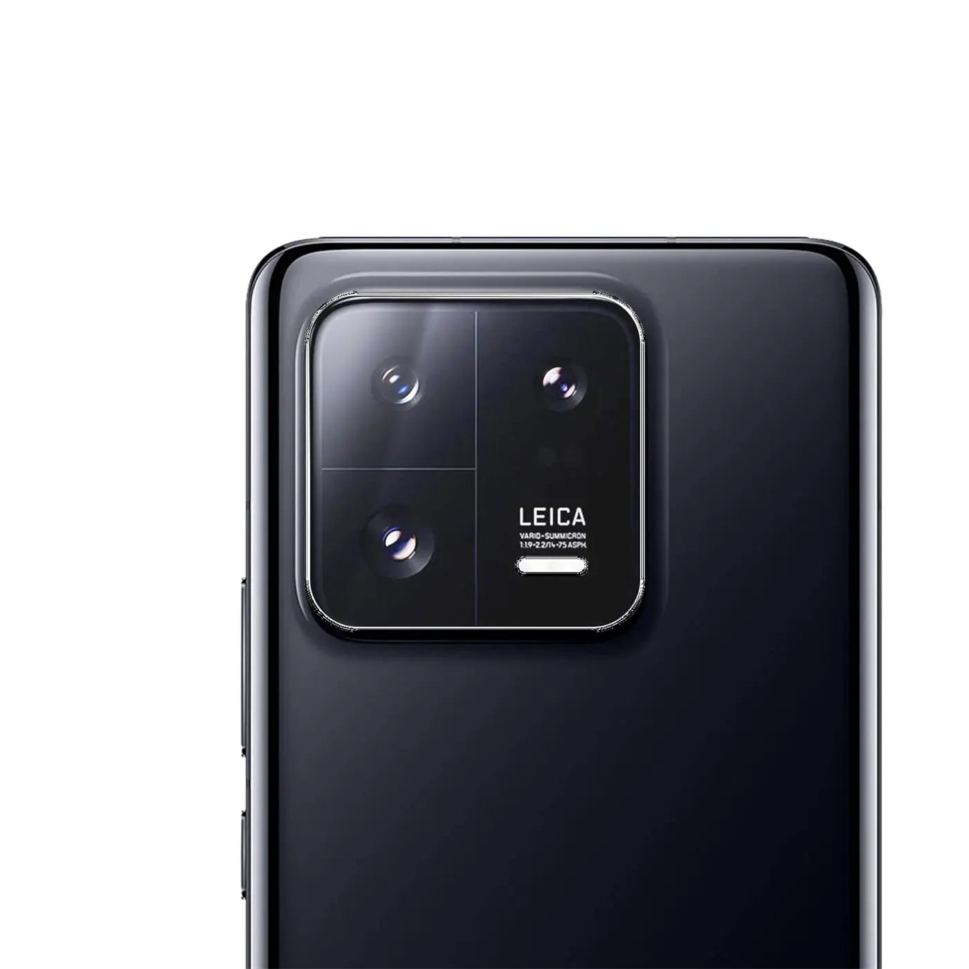 Rückseite eines schwarzen Xiaomi 13 Pro Smartphones, schräg von oben, mit großem, quadratischem Leica-Kameramodul.