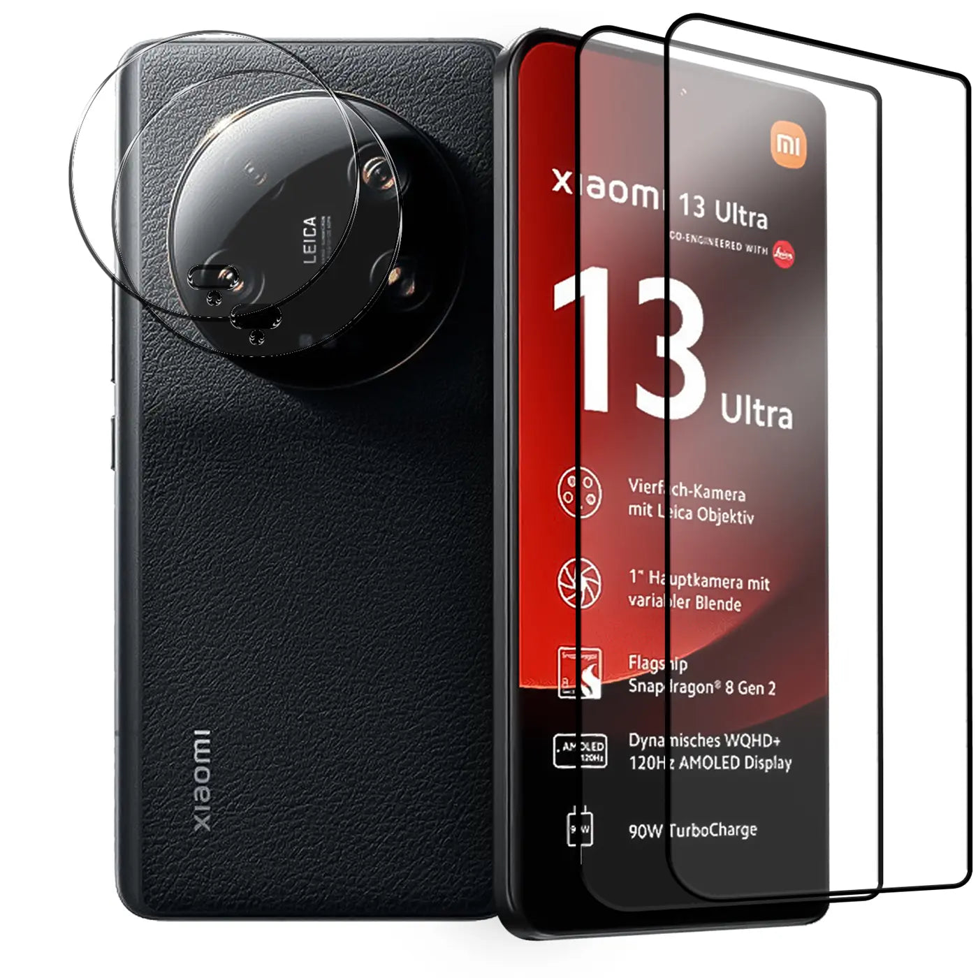 Schutzgläser für Xiaomi 13 Ultra: 2 Displayschutzfolien und 1 Kameraschutzfolie auf schwarzem Handy.