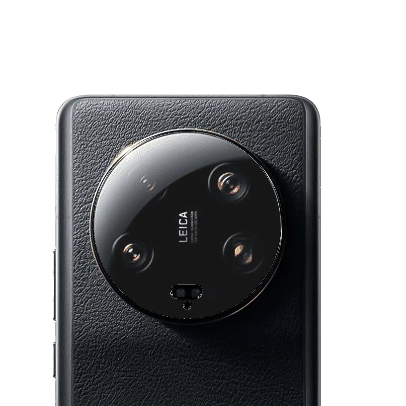 Rückseite des schwarzen Xiaomi 13 Ultra mit Ledertextur und großem, rundem Kamera-Modul mit vier Linsen und.