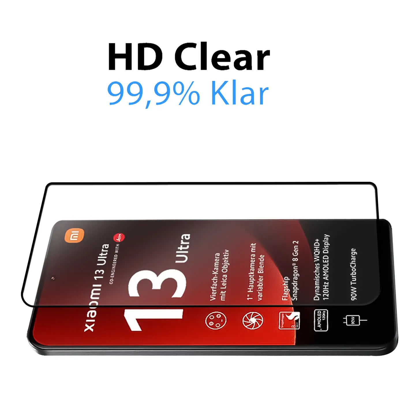 Klares Schutzglas für Xiaomi 13 Ultra, schräg über dem Display liegend, von oben rechts gesehen.