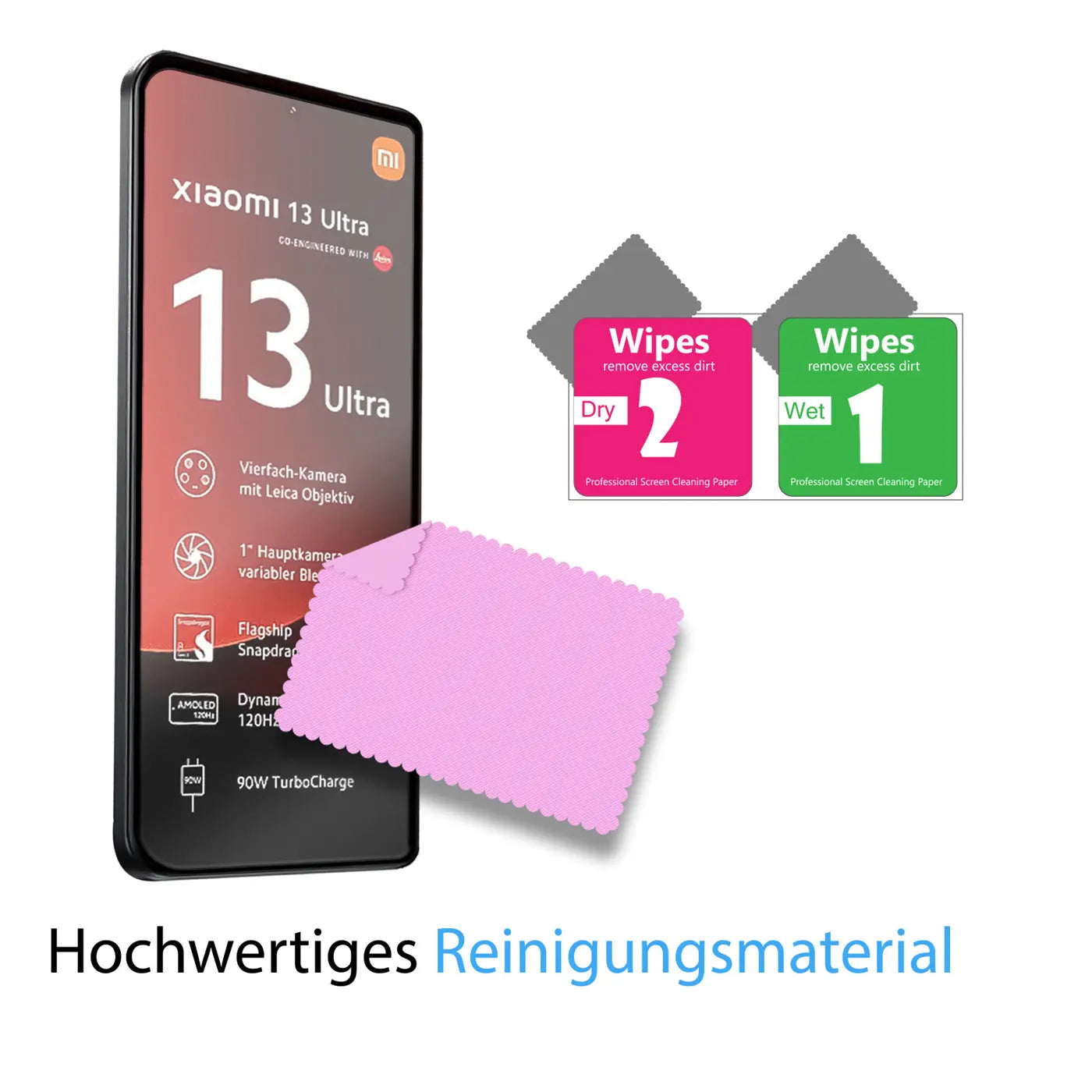 Schwarzes Xiaomi 13 Ultra Handy, rosa Mikrofasertuch und 2 Reinigungstücher (Wet/Dry) auf weißem Hintergrund.