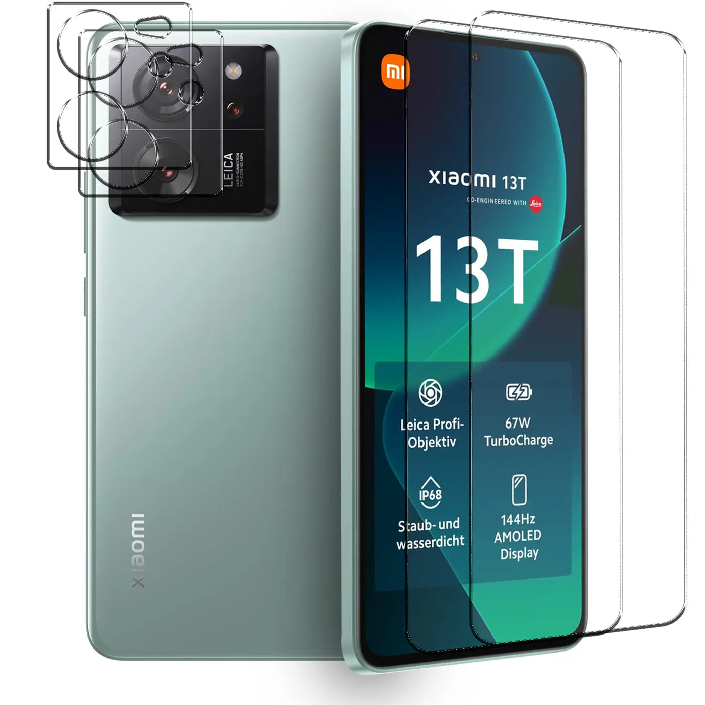 Zwei transparente Schutzgläser für das Display und zwei für die Kamera des grünen Xiaomi 13T/13T Pro, schräg von vorn.