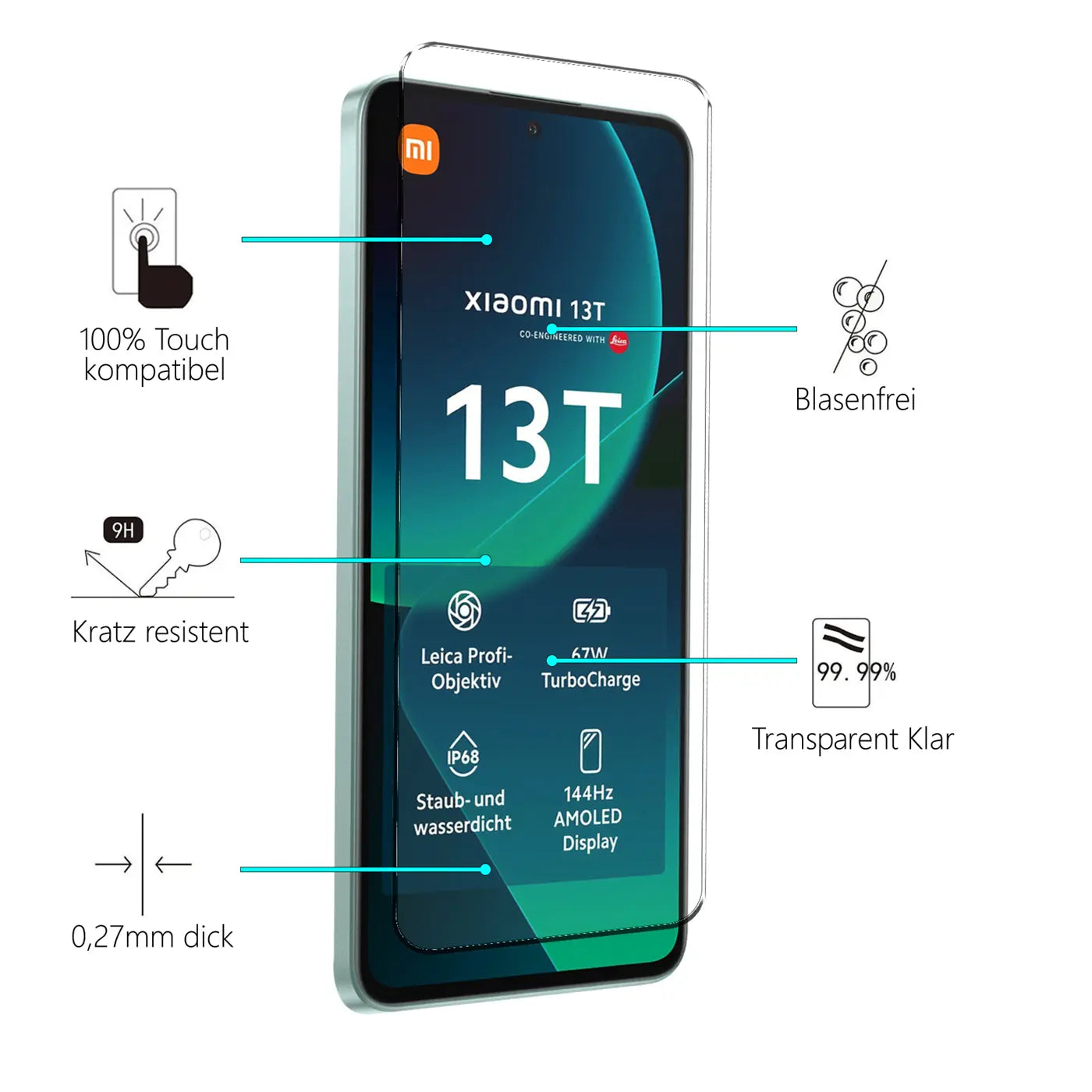 Transparentes Schutzglas auf einem Xiaomi 13T Smartphone, von vorne rechts oben gesehen.