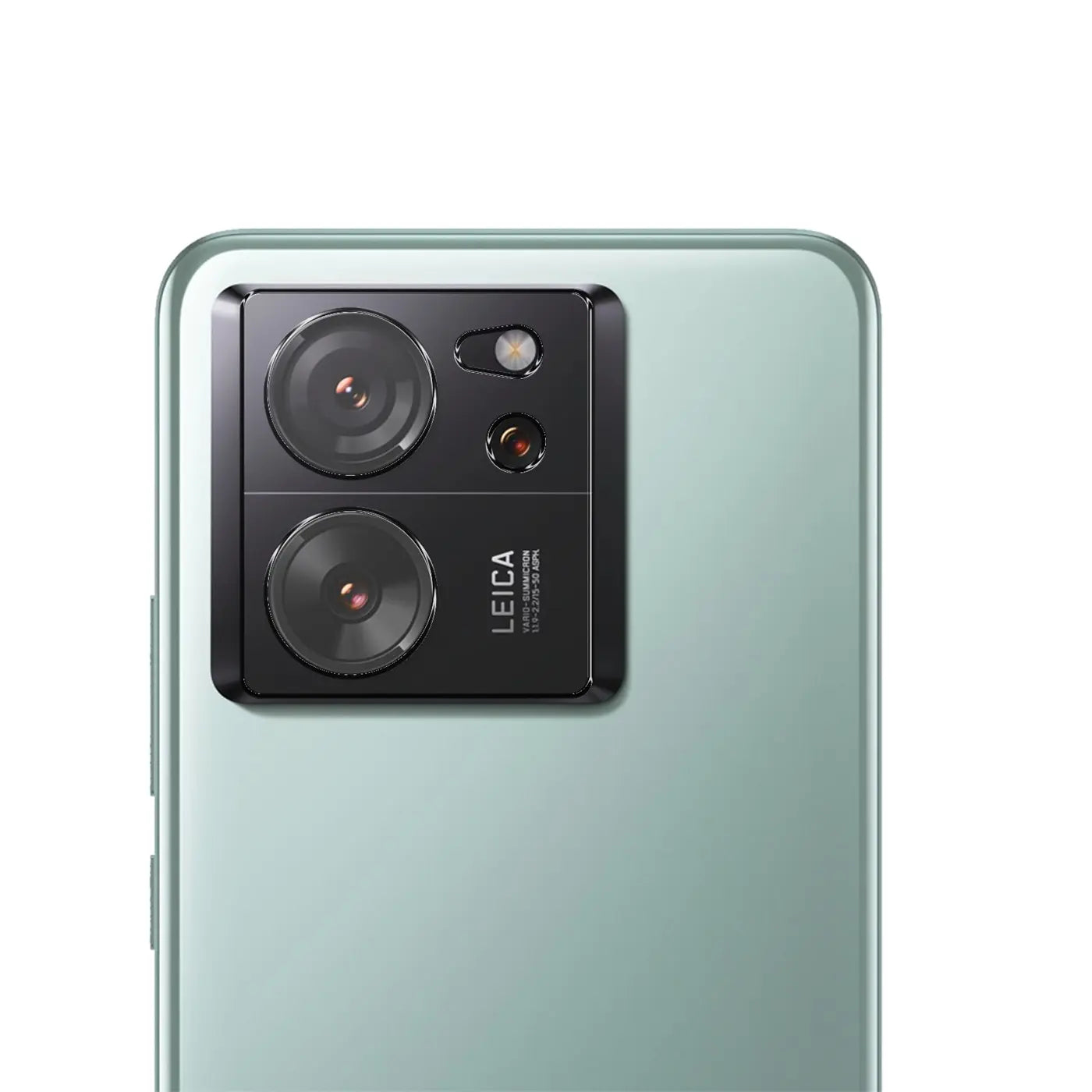 Rückseite eines mintgrünen Xiaomi 13T / 13T Pro Smartphones mit schwarzem, rechteckigem Kamera-Modul und Leica-Logo.