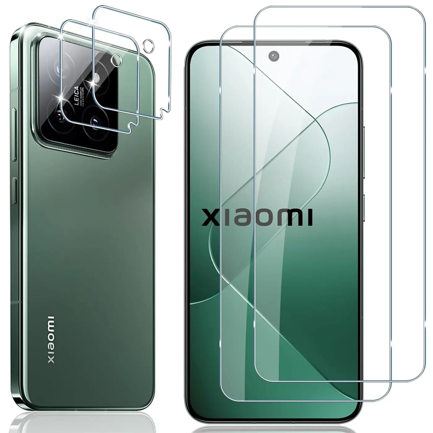 Zwei transparente Schutzgläser für das Display und zwei für die Kamera eines grünen Xiaomi 14 von schräg oben.