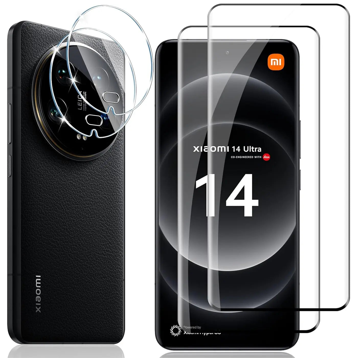 Schutzglas-Set für Xiaomi 14 Ultra: 2 transparente Display-Schutzgläser und 2 Kamera-Schutzgläser auf schwarzem Handy.
