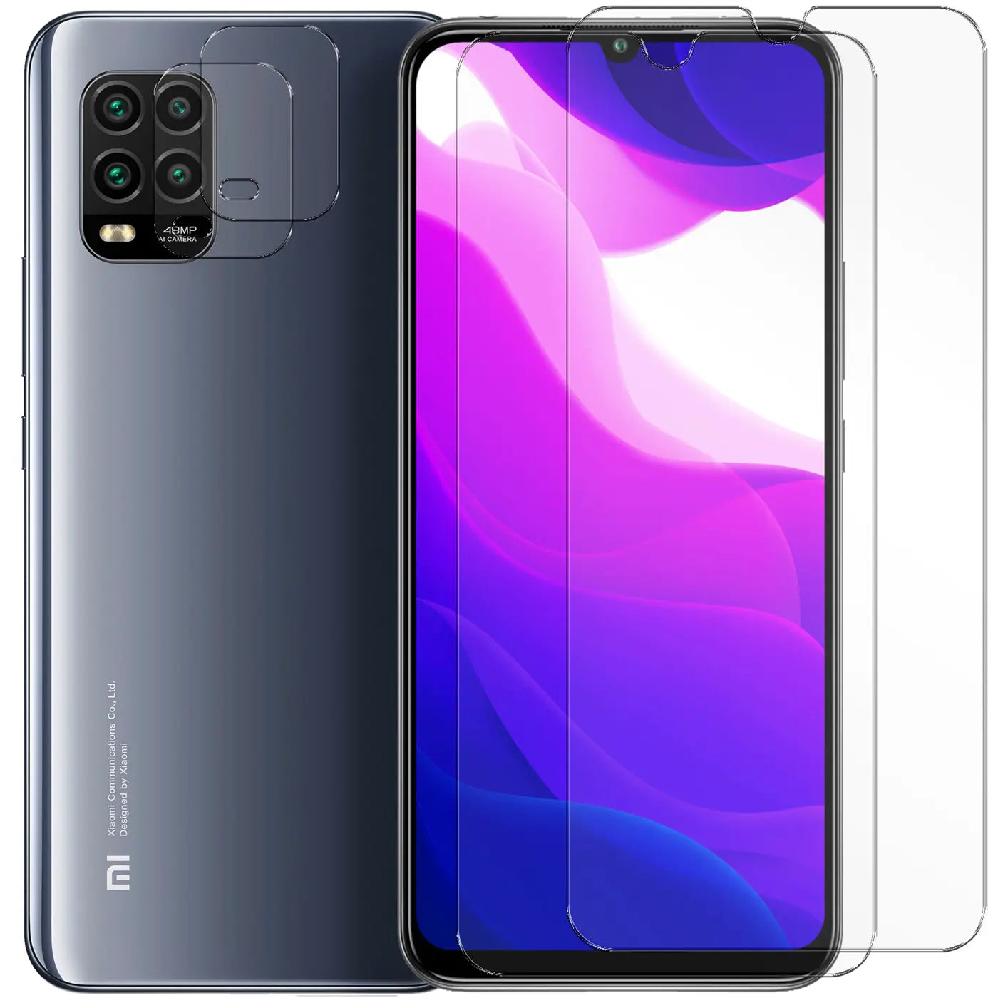 Dunkelgraues Xiaomi Mi 10 Lite mit 2 klaren Schutzgläsern für Display und 2 für die Kamera, schräg von vorn.