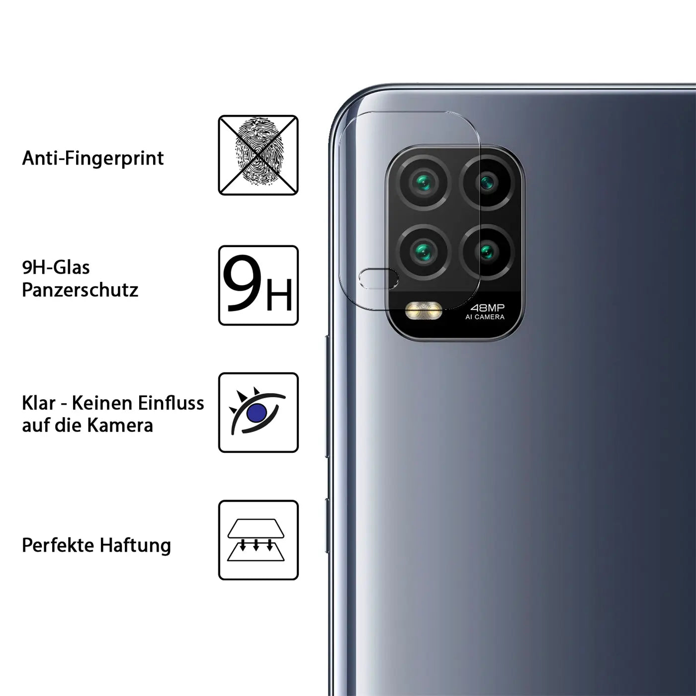 Rückseite eines dunkelgrauen Xiaomi Mi 10 Lite mit klarem Schutzglas auf der Kamera. Daneben Symbole für Anti-Fingerprint.