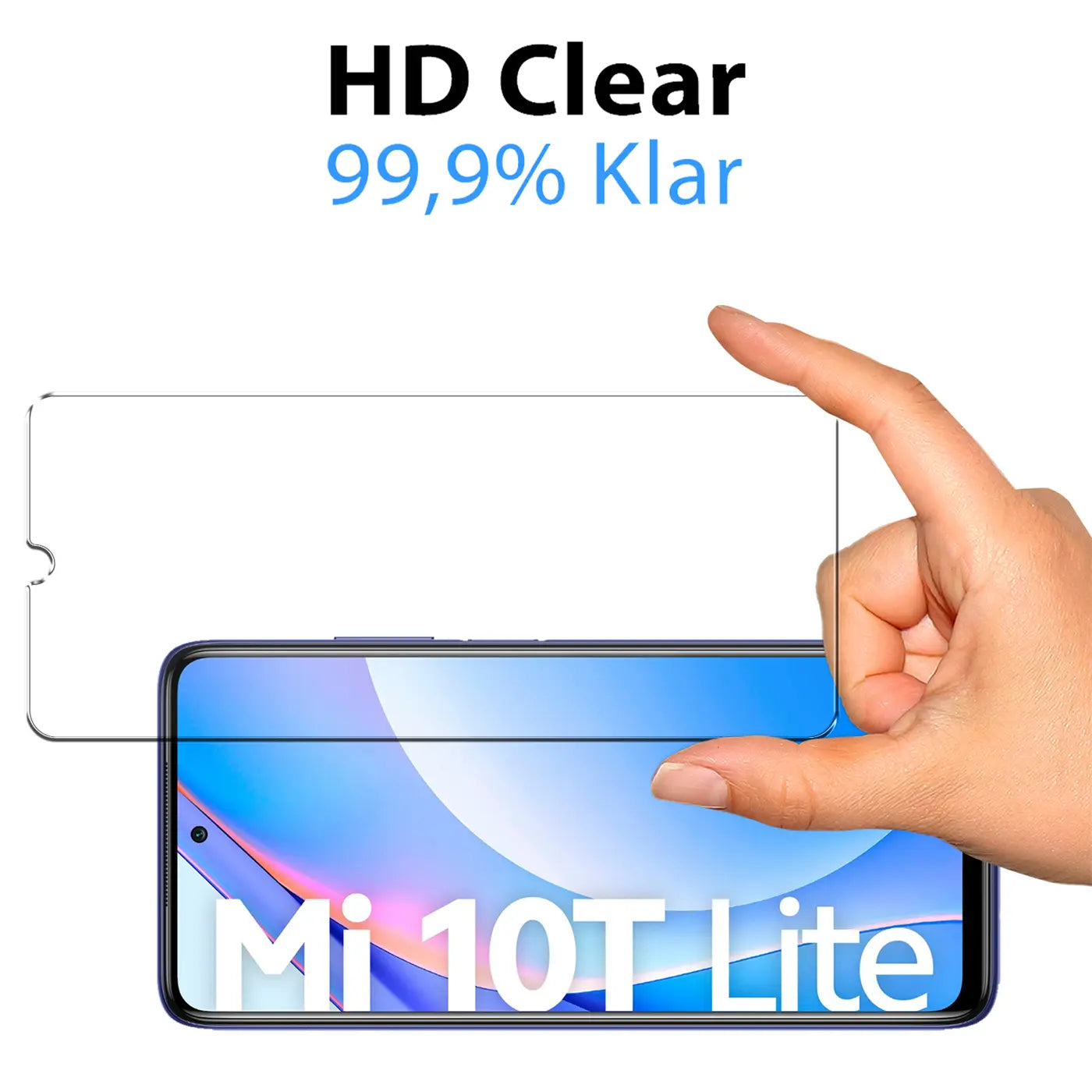 Hand hält transparentes Schutzglas über einem schwarzen Xiaomi Mi 10T Lite Smartphone mit blauem Display.