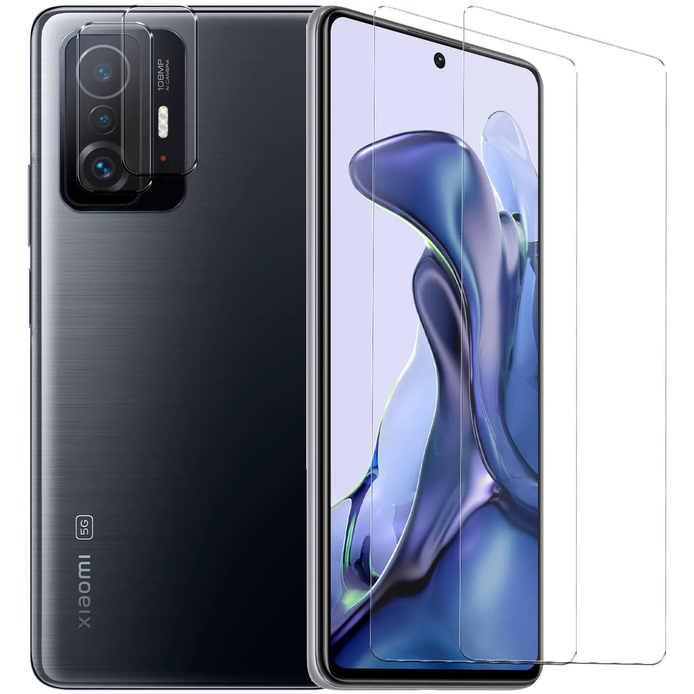Dunkelgraues Xiaomi Mi 11T / Mi 11T Pro von hinten und vorne mit zwei transparenten Schutzgläsern.