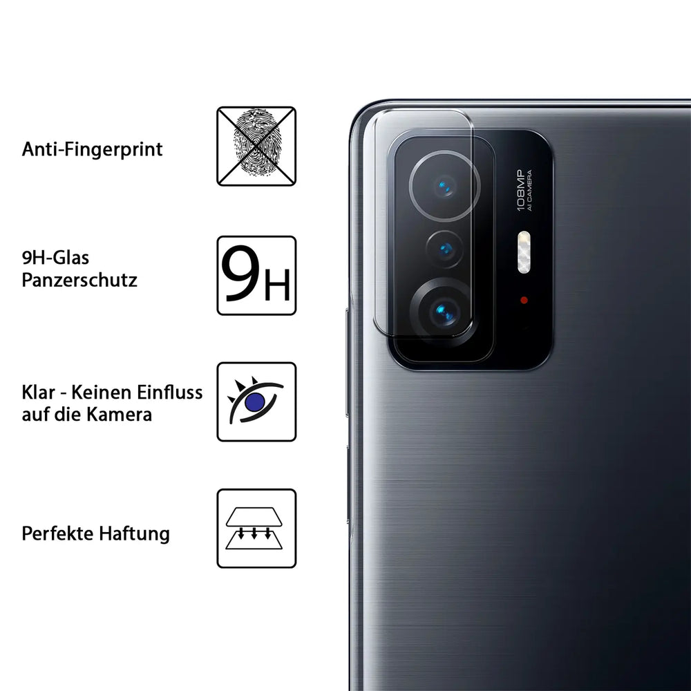 Klares Schutzglas auf der Kamera eines grauen Xiaomi Mi 11T / Mi 11T Pro, schräg von hinten rechts.