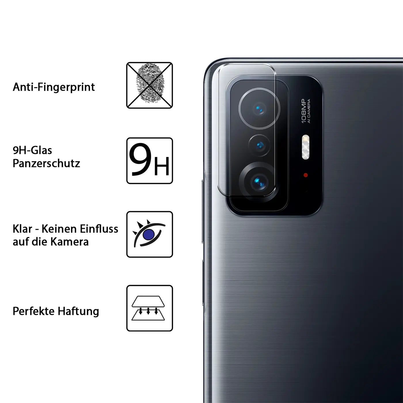 Klares Schutzglas auf der Kamera eines grauen Xiaomi Mi 11T / Mi 11T Pro, schräg von hinten rechts.