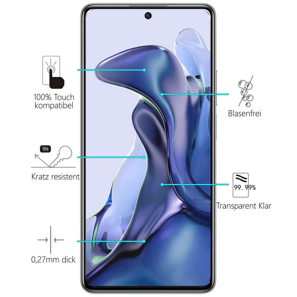 Vorderansicht eines Xiaomi Mi 11T / 11T Pro mit transparentem Schutzglas und Infografiken zu Eigenschaften.