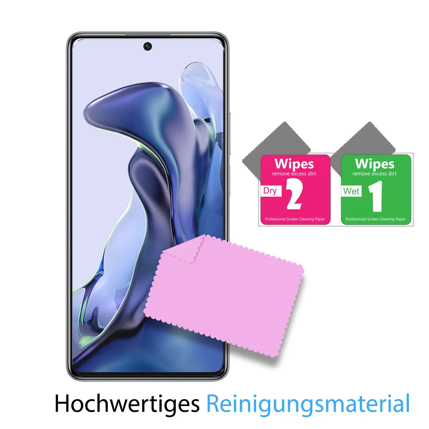 Xiaomi Mi 11T / Mi 11T Pro mit Schutzglas, rosa Mikrofasertuch, feuchtem und trockenem Reinigungstuch.