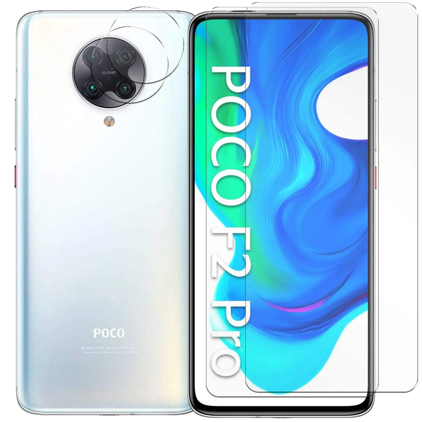 Xiaomi Poco F2 Pro in Weiß, Rückseite und Display mit transparentem Schutzglas und Kameraschutz von vorne.