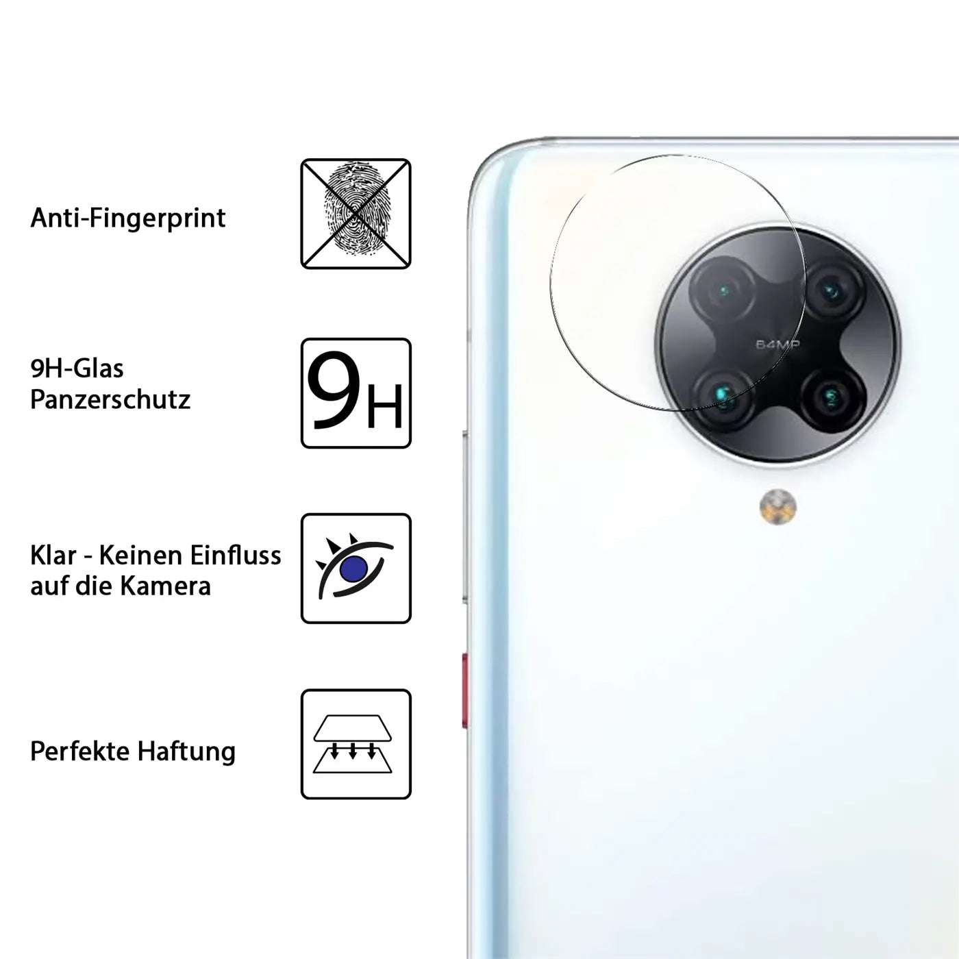 Rückseite eines weißen Xiaomi Poco F2 Pro mit transparentem Schutzglas auf der Kamera, daneben Produktmerkmale.