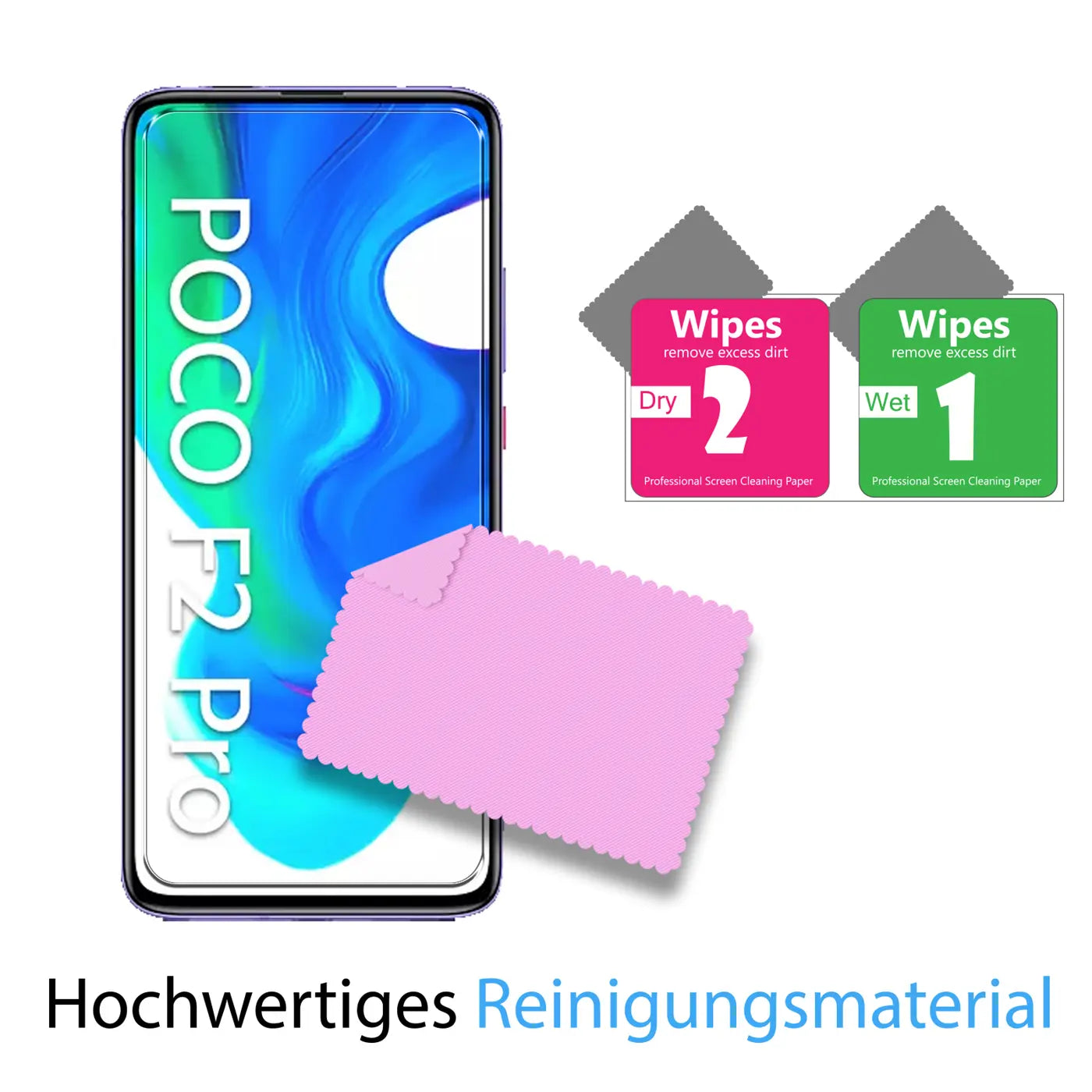 Xiaomi Poco F2 Pro mit Schutzglas, rosa Mikrofasertuch, nassen und trockenen Reinigungstüchern auf weißem Grund.