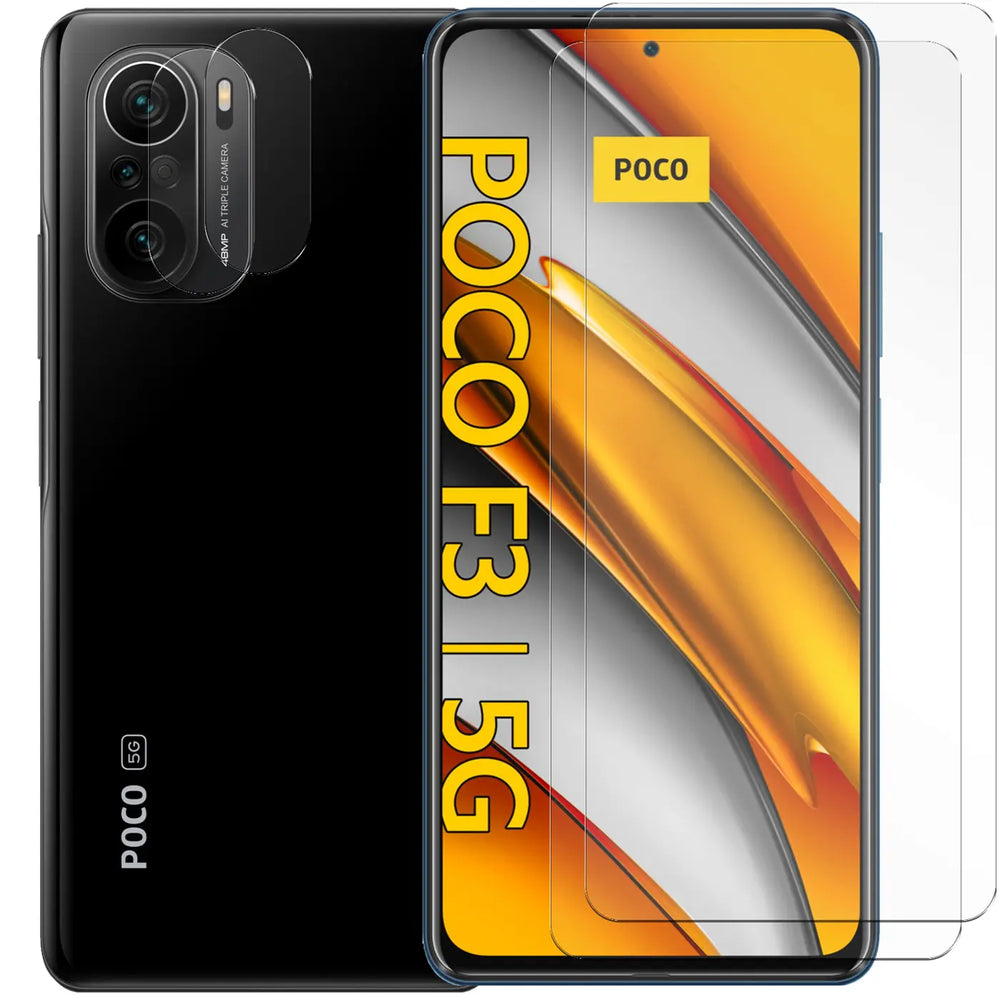 Schwarzes Xiaomi Poco F3 Smartphone von hinten und vorne mit zwei transparenten Schutzgläsern für Display und Kamera.