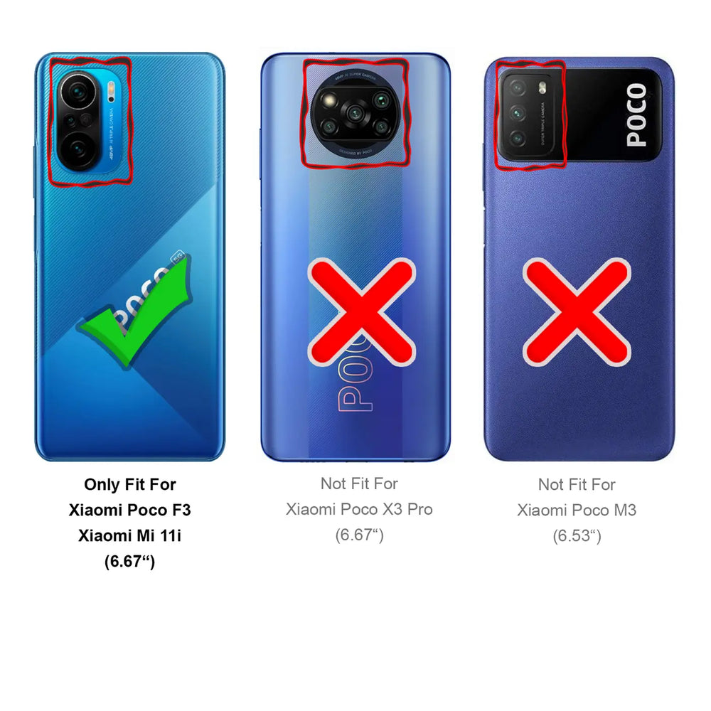 Drei blaue Xiaomi Poco Handys von hinten, zeigen Kompatibilität mit Schutzglas: F3 (Haken), X3 Pro (Kreuz), M3 (Kreuz).