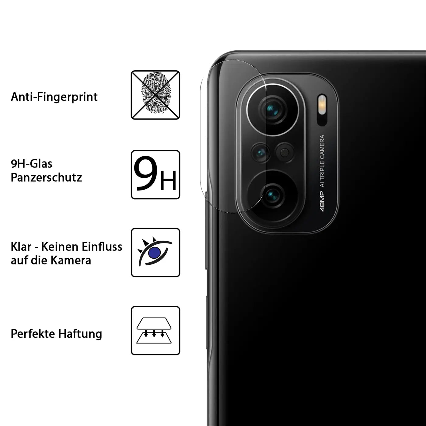 Klares Schutzglas auf der schwarzen Rückkamera eines Xiaomi Poco F3 / Mi 11i, von rechts oben.
