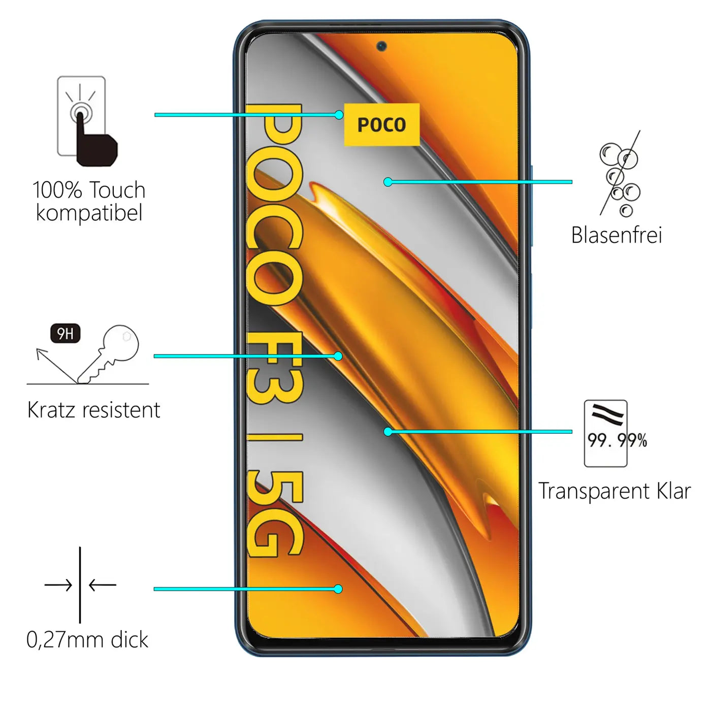 Schutzglas auf Xiaomi Poco F3 / Mi 11i Display, Frontalansicht. Eigenschaften wie "Kratz resistent" und "Blasenfrei" sind.