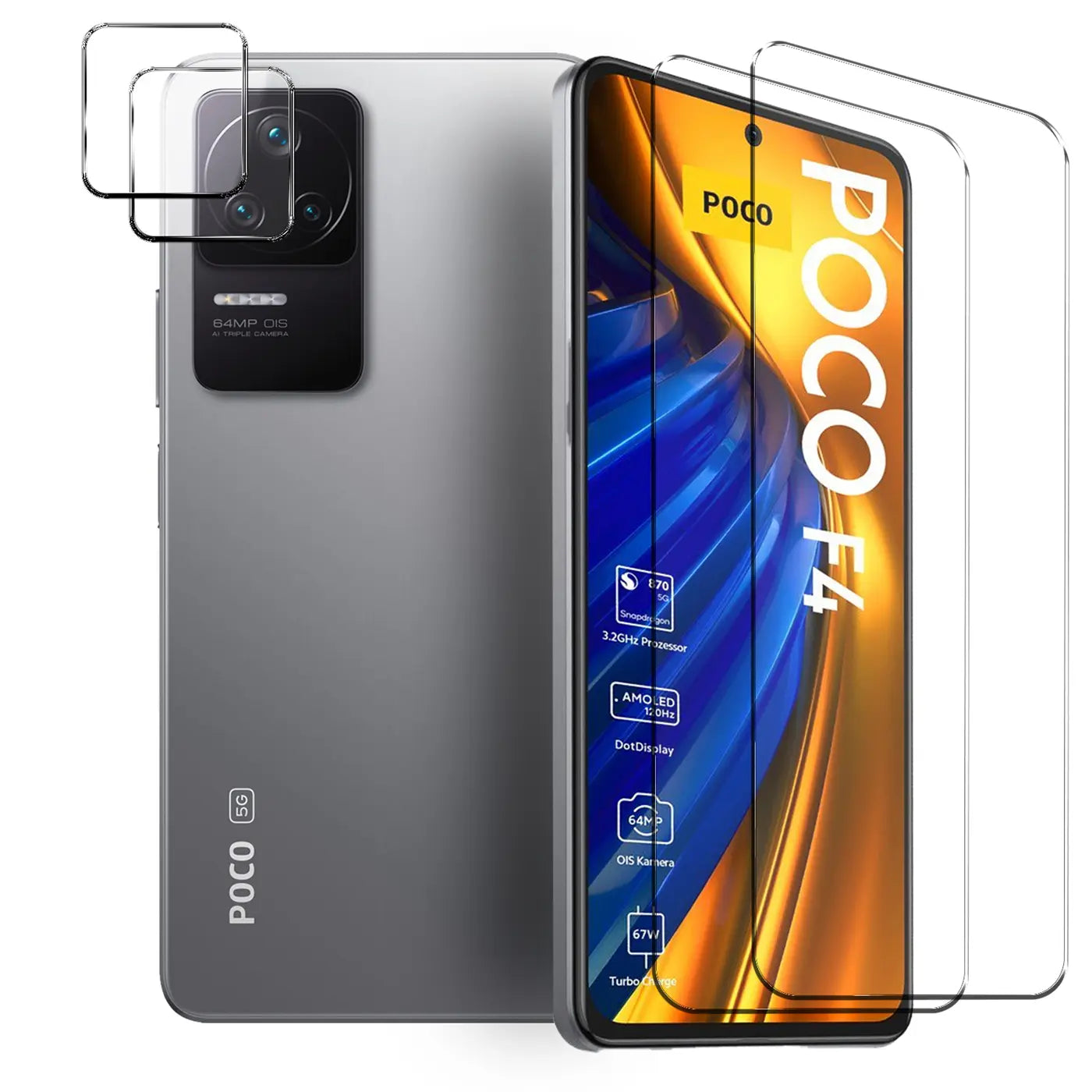 Graues Xiaomi Poco F4 von hinten und vorne mit zwei Schutzgläsern für Display und zwei für Kamera, schräg von rechts.