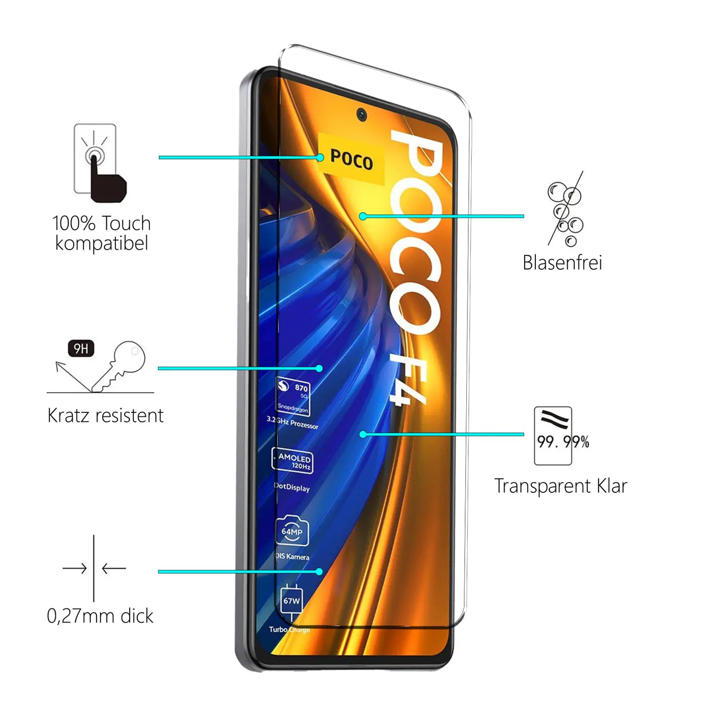 Transparentes Schutzglas auf einem schwarzen Xiaomi Poco F4 Smartphone, leicht schräg von vorne rechts.
