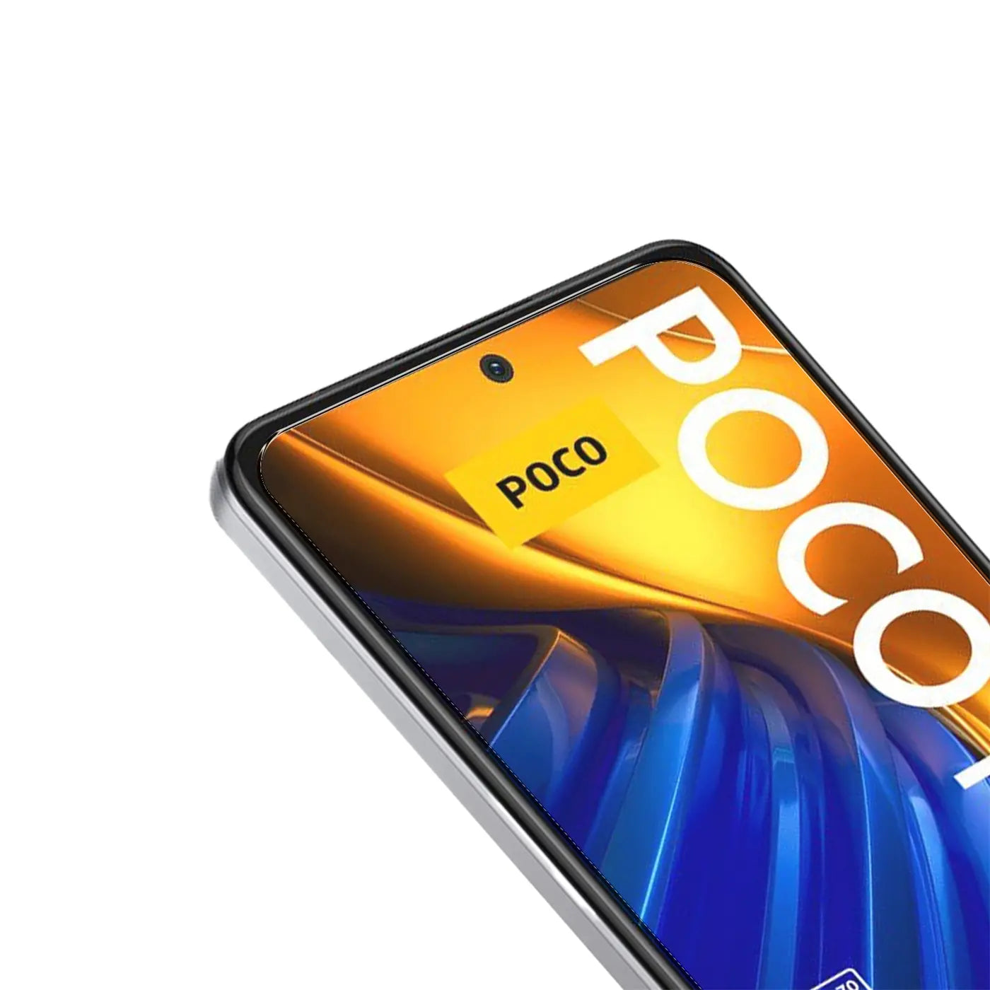 Silbernes Xiaomi Poco F4 Smartphone, Display mit gelb-blauem Hintergrund und "POCO" Schriftzug, schräg von oben.