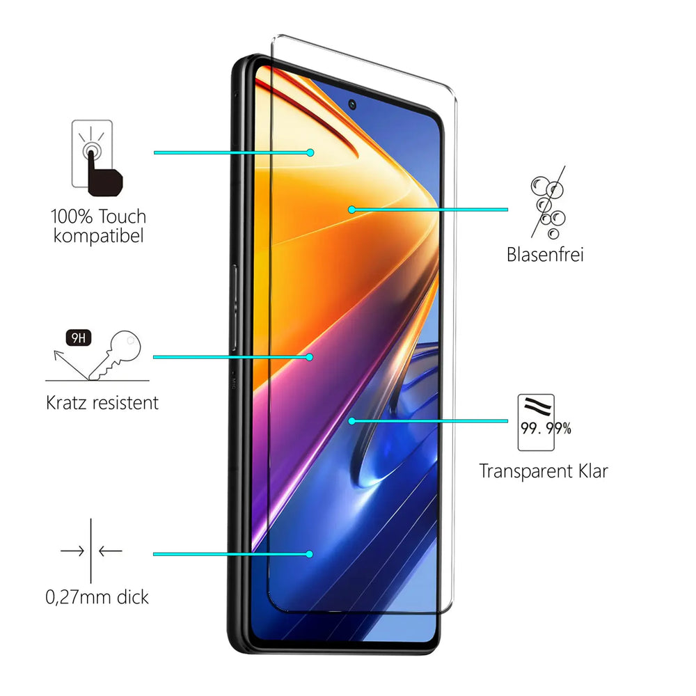 Transparentes Schutzglas für Xiaomi Poco F4 GT, schräg von vorne, mit Eigenschaften wie kratzresistent und blasenfrei.