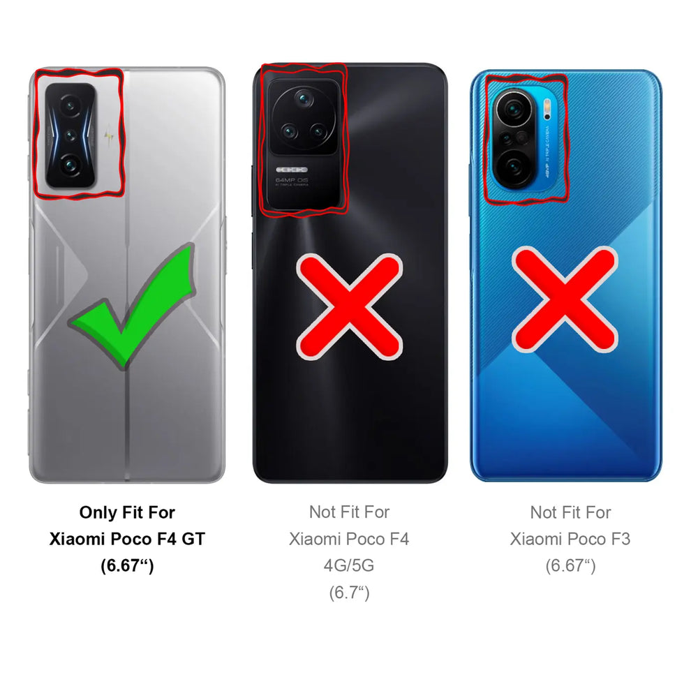 Rückansicht von drei Smartphones: links ein graues Xiaomi Poco F4 GT mit grünem Haken, rechts zwei nicht passende Modelle.