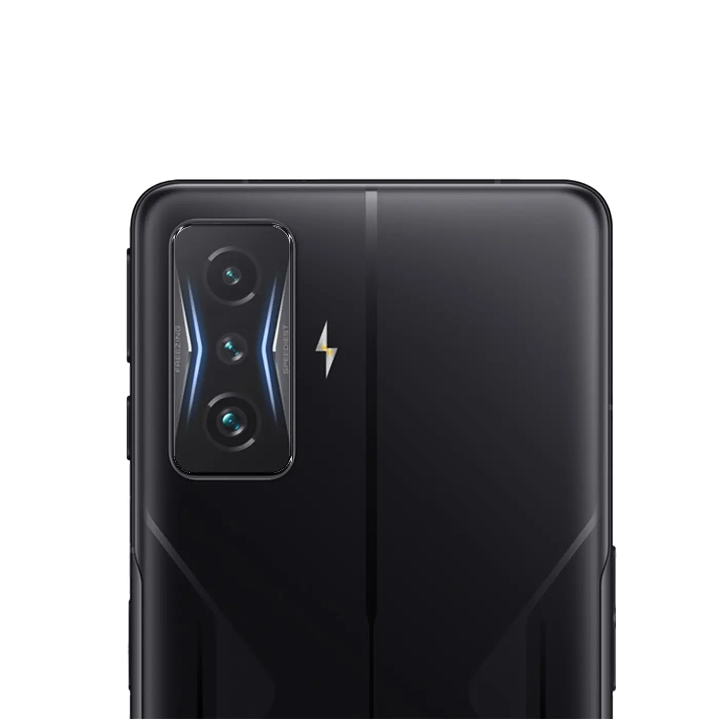 Rückseite des schwarzen Xiaomi Poco F4 GT Smartphones, schräg von oben. Sichtbar sind die Triple-Kamera und ein Blitzsymbol.