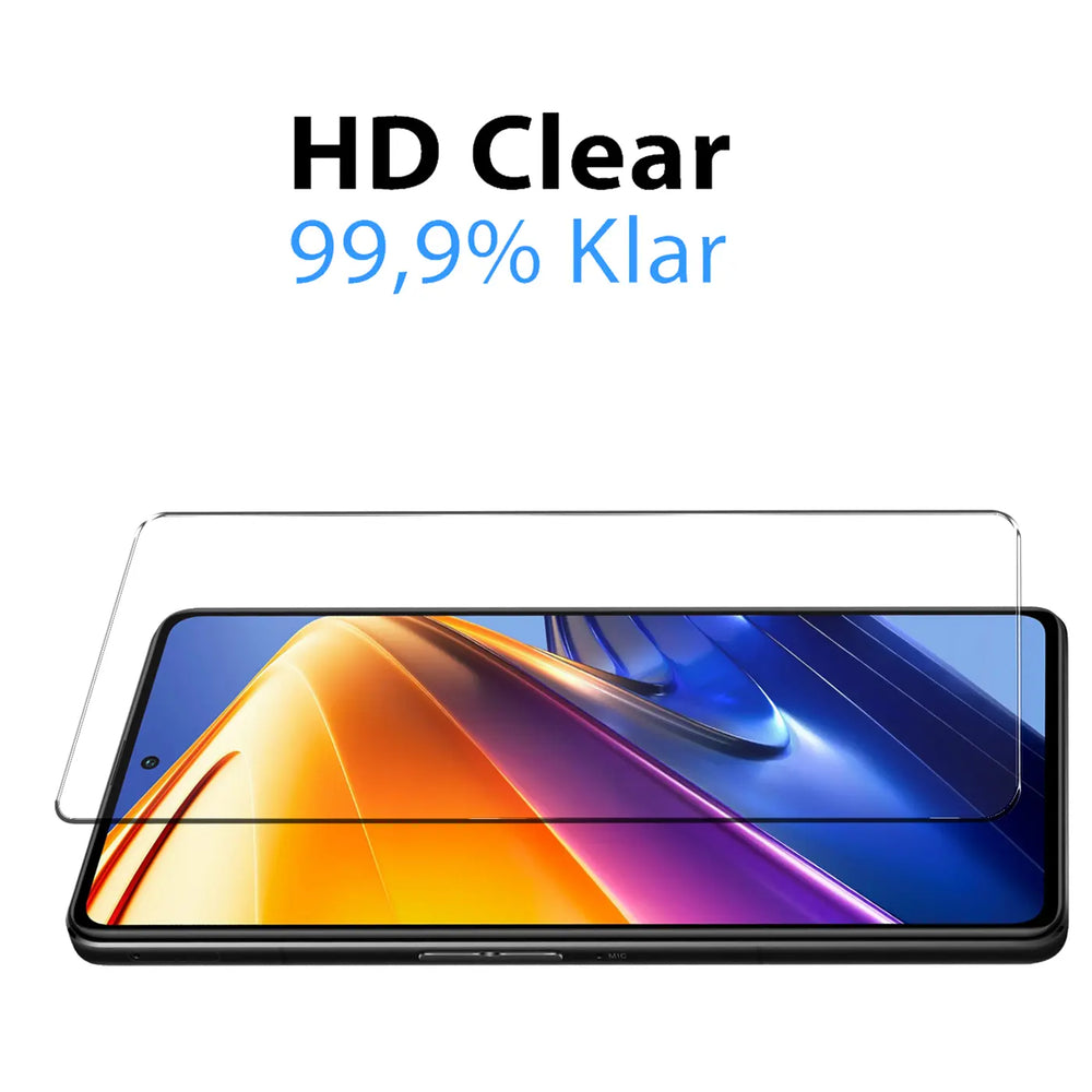 Klares Schutzglas für Xiaomi Poco F4 GT, schräg über dem Display liegend, auf weißem Hintergrund.