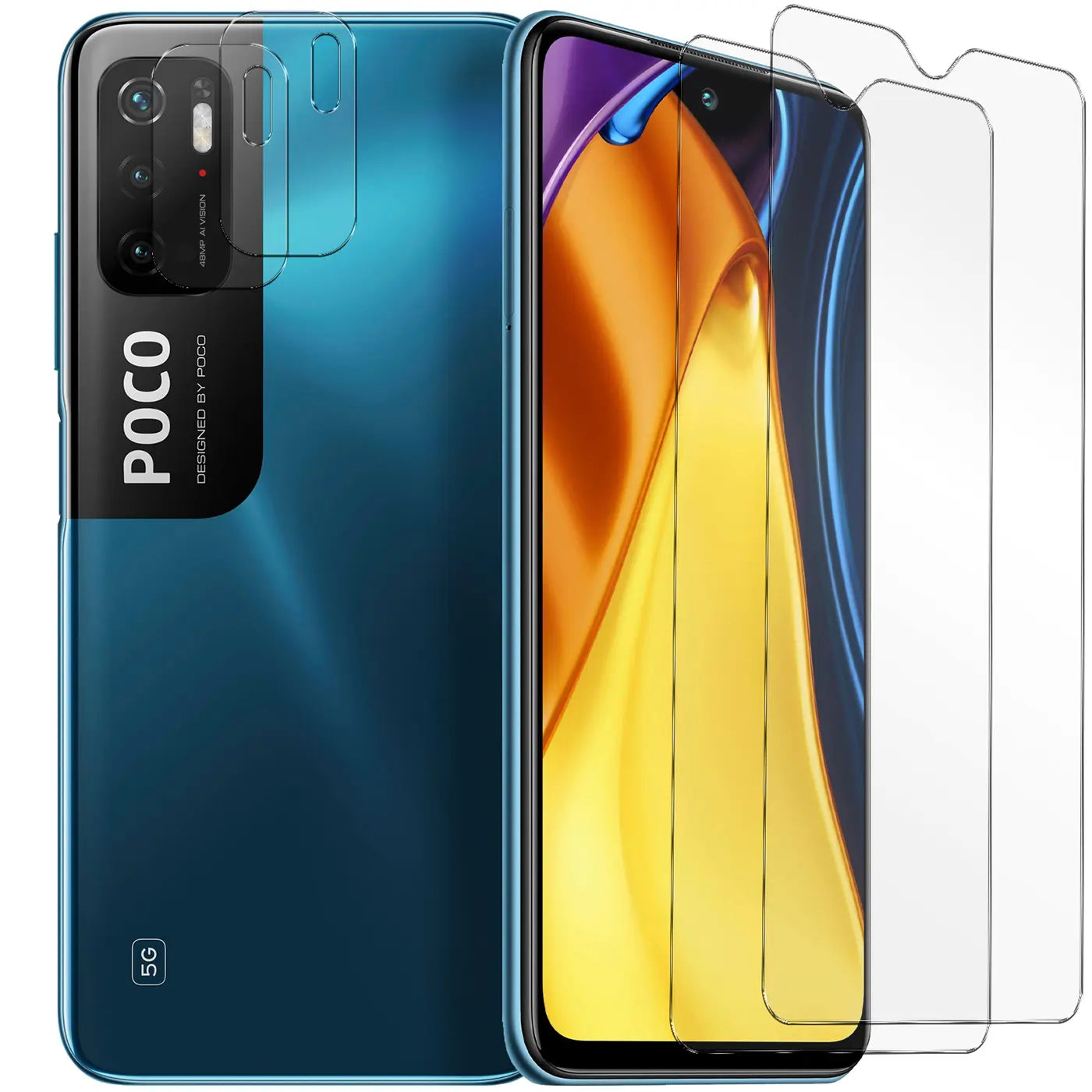 Blaues Xiaomi Poco M3 von hinten und vorne, mit zwei transparenten Displayschutzfolien und zwei Kameraschutzfolien.