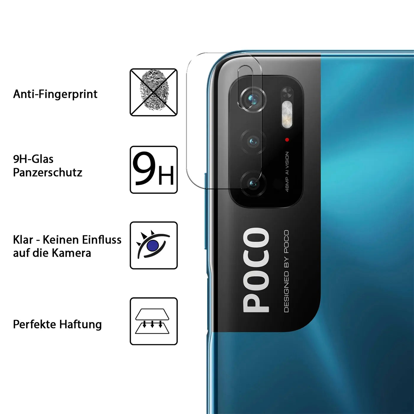 Rückseite eines blauen Xiaomi Poco M3 mit transparentem Schutzglas auf der Kamera. Links Symbole für Anti-Fingerprint.