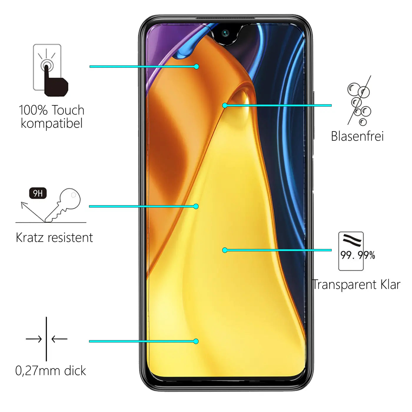 Schwarzes Xiaomi Poco M3 Smartphone frontal mit Schutzglas und Infografiken zu Touch, Kratzfestigkeit, Blasenfreiheit.