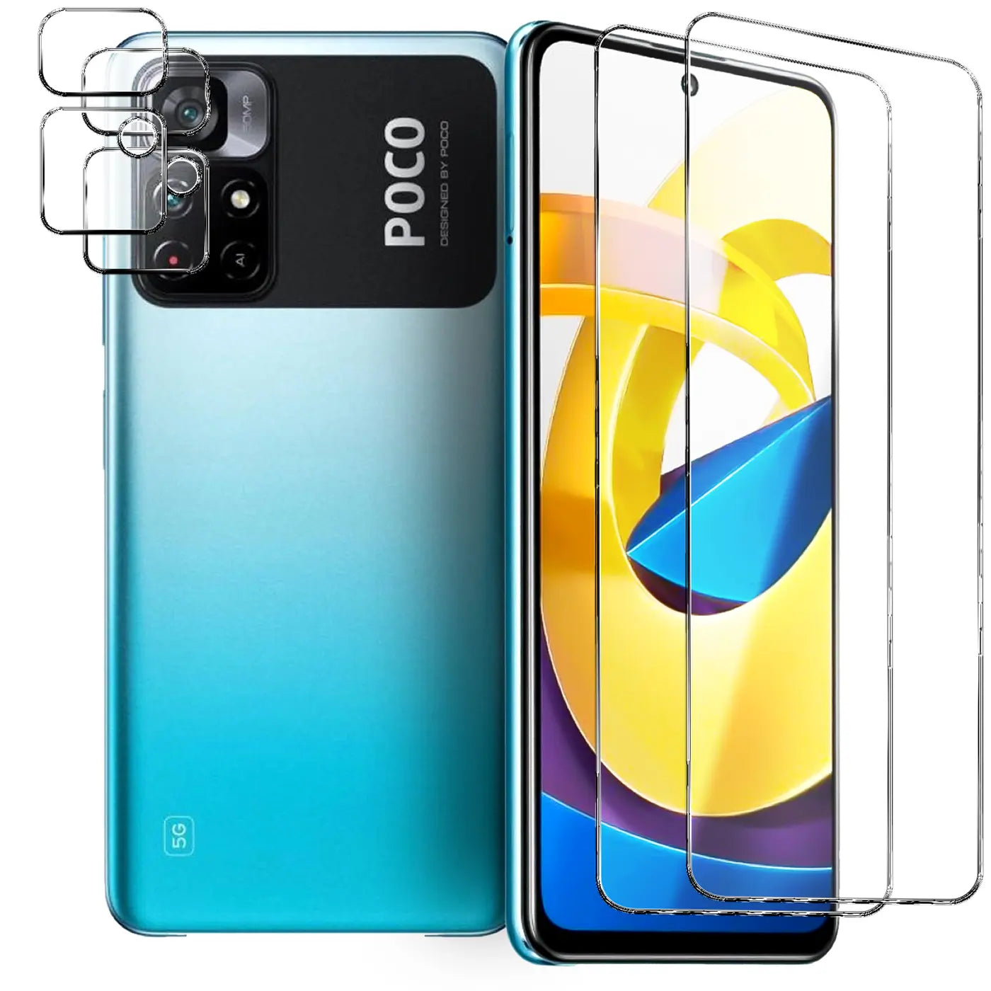 Blaues Xiaomi Poco M4 Pro 5G Smartphone mit drei transparenten Schutzgläsern für Display und drei für Kameras.