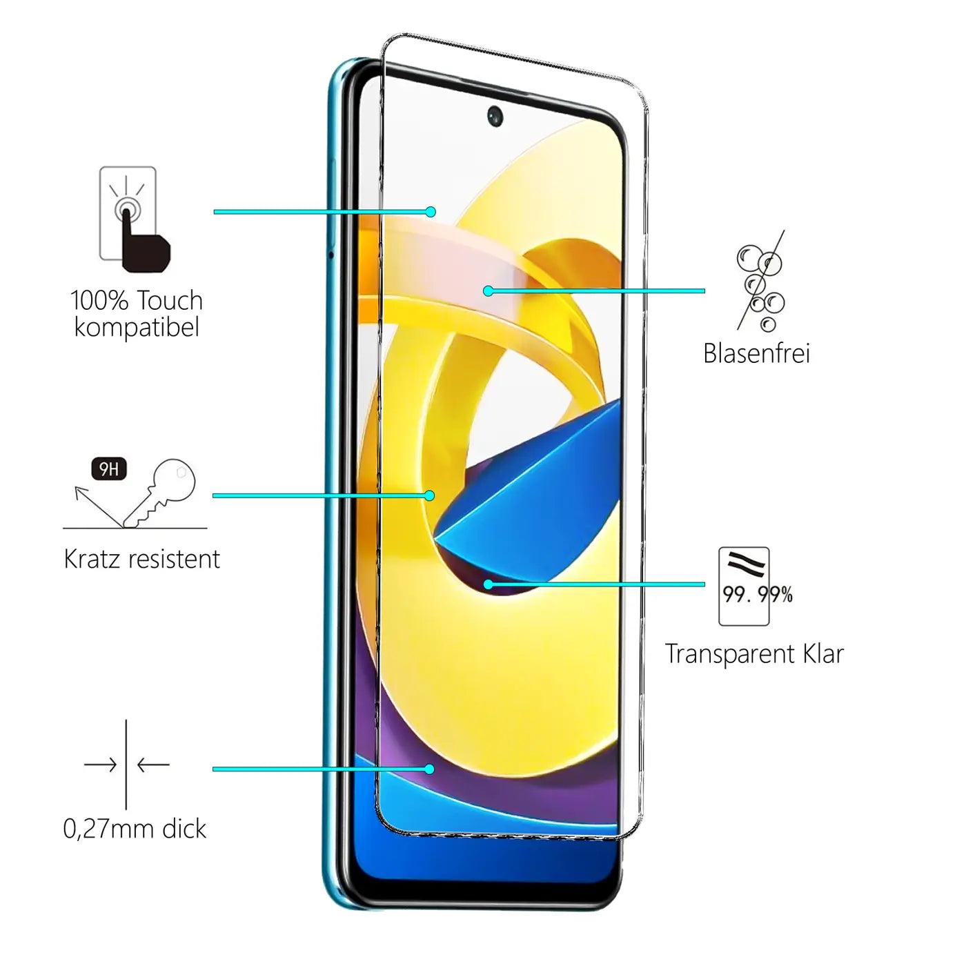 Transparentes Schutzglas auf einem blauen Xiaomi Poco M4 Pro 5G, leicht schräg von vorne, mit Produktmerkmalen.