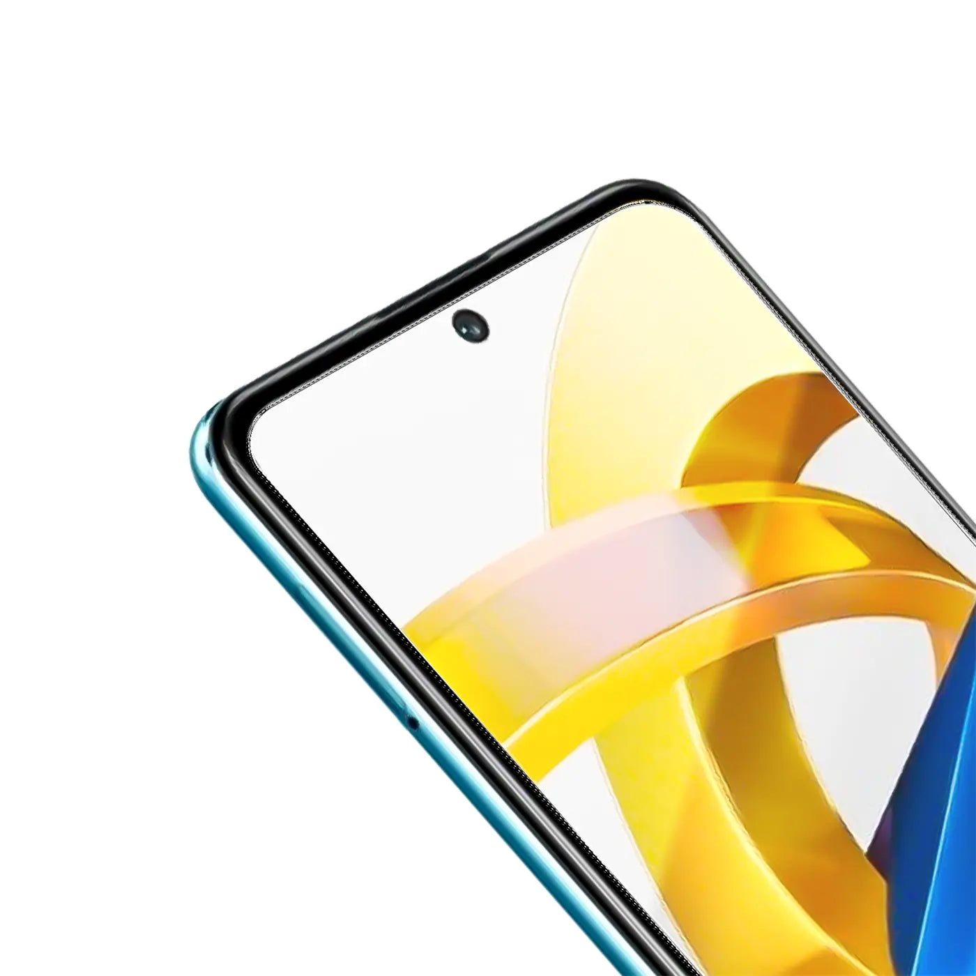 Blaues Xiaomi Poco M4 Pro 5G Handy mit Schutzglas auf dem Display, schräg von oben rechts, weißer Hintergrund.