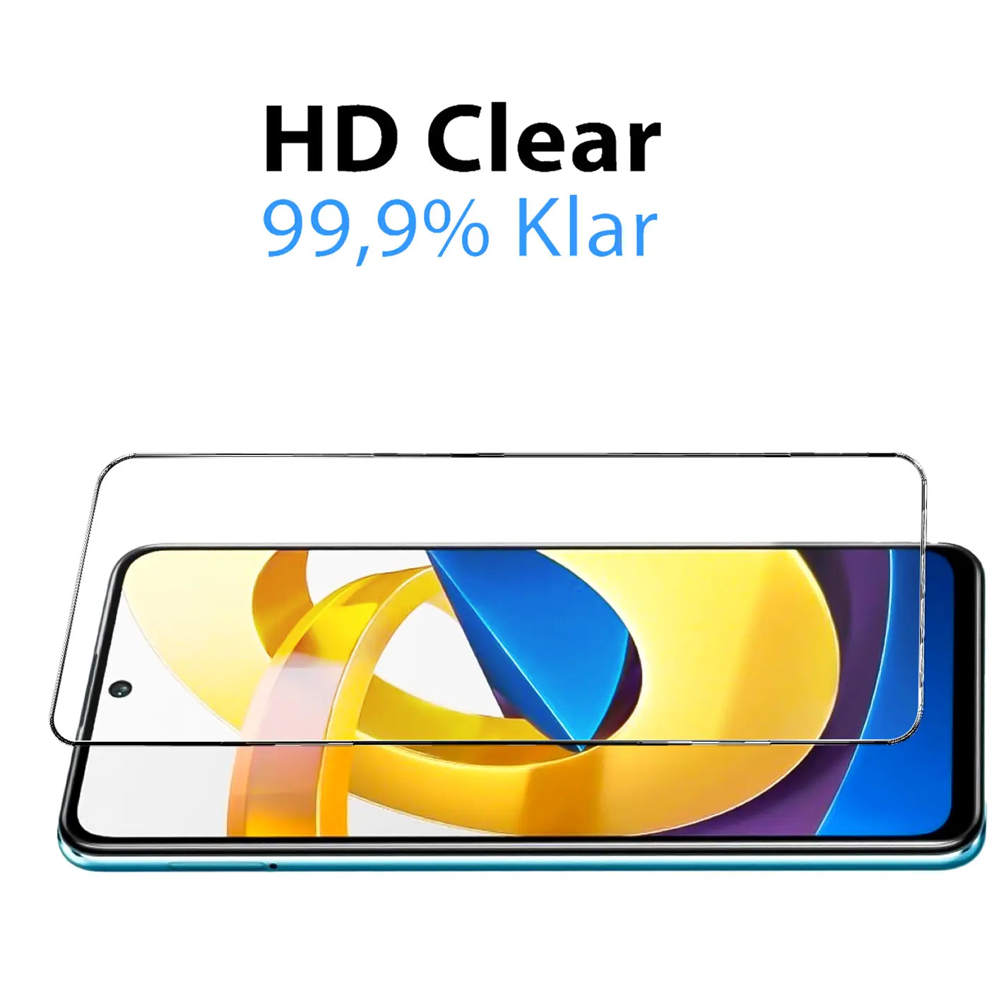 Klares Schutzglas für Xiaomi Poco M4 Pro 5G, von oben auf dem Display liegend. HD Clear, 99,9% Klar.