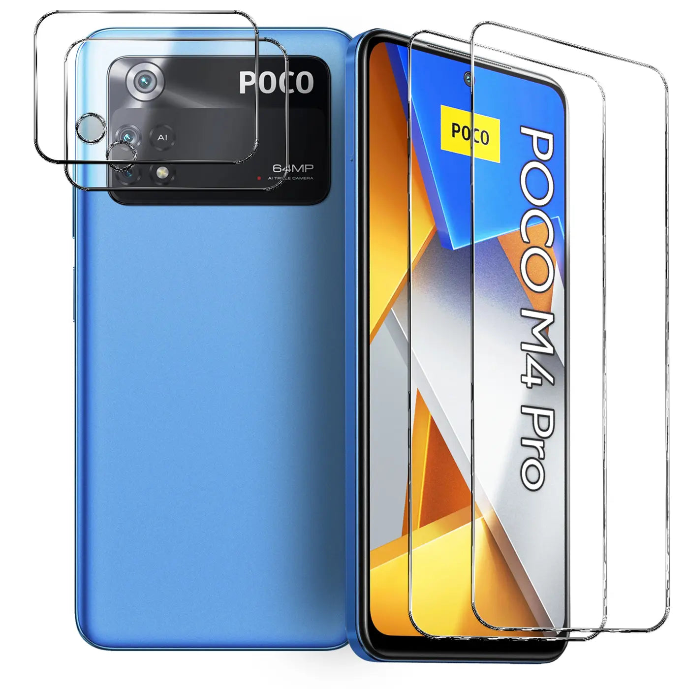 Zwei transparente Schutzgläser für das Display und zwei für die Kamera eines blauen Xiaomi Poco M4 Pro, schräg von vorn.