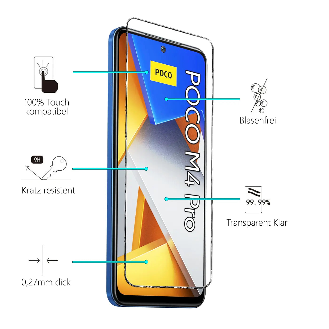 Transparentes Schutzglas für Xiaomi Poco M4 Pro, schräg von vorne auf blauem Smartphone, mit Infografiken.