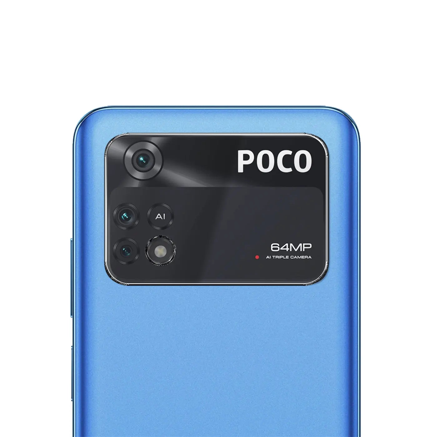 Rückseite des blauen Xiaomi Poco M4 Pro Smartphones, schräg von oben, mit schwarzem Kamera-Modul und POCO-Logo.