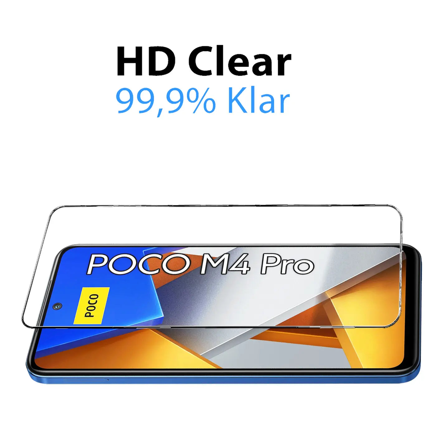 Klares Schutzglas für Xiaomi Poco M4 Pro, schräg über dem blauen Smartphone-Display, auf weißem Hintergrund.