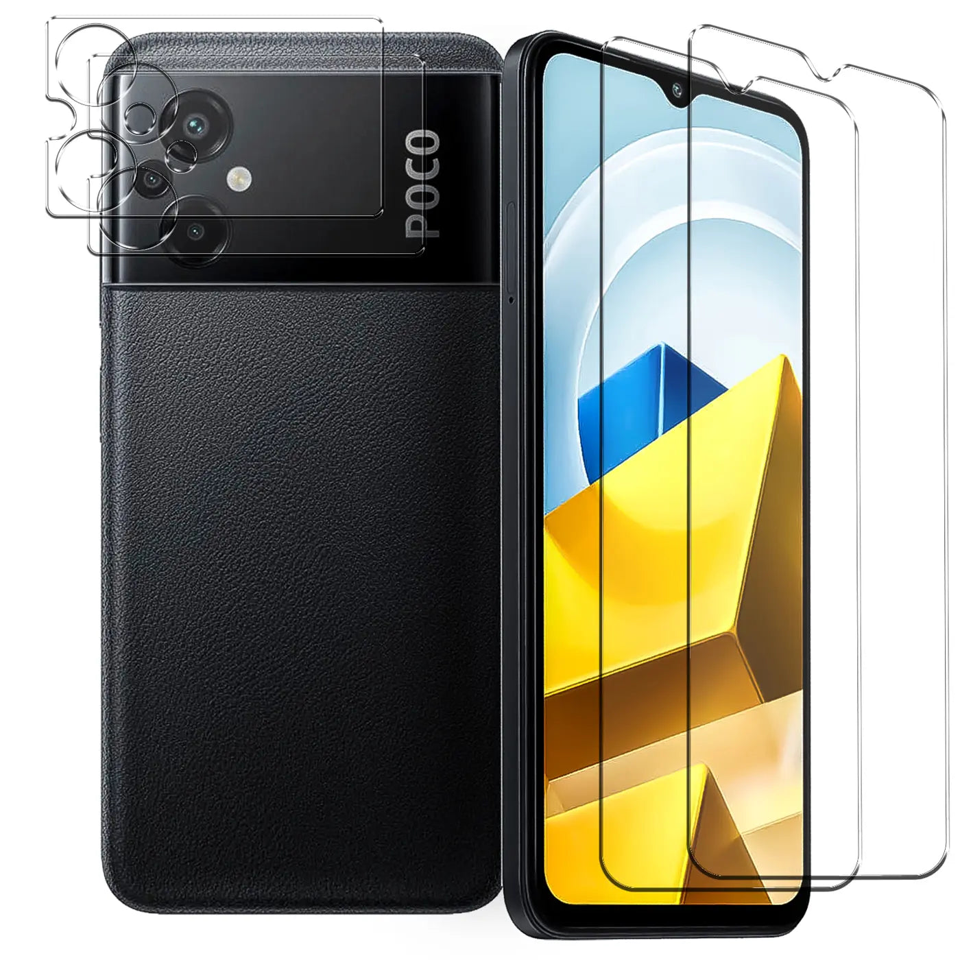Schwarzes Xiaomi Poco M5 von hinten und vorne, daneben 2 transparente Displayschutzgläser und 2 Kameraschutzgläser.