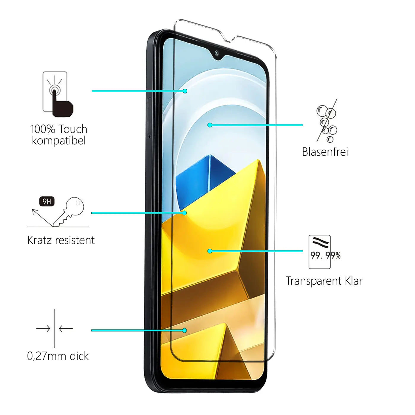 Schutzglas aus transparentem Glas auf einem schwarzen Xiaomi Poco M5, schräg von vorne, mit Eigenschaften.